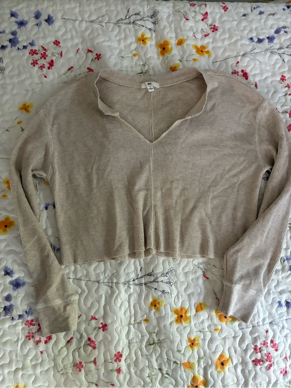 Women’s Beige Ribbed V-Neck Cropped Top